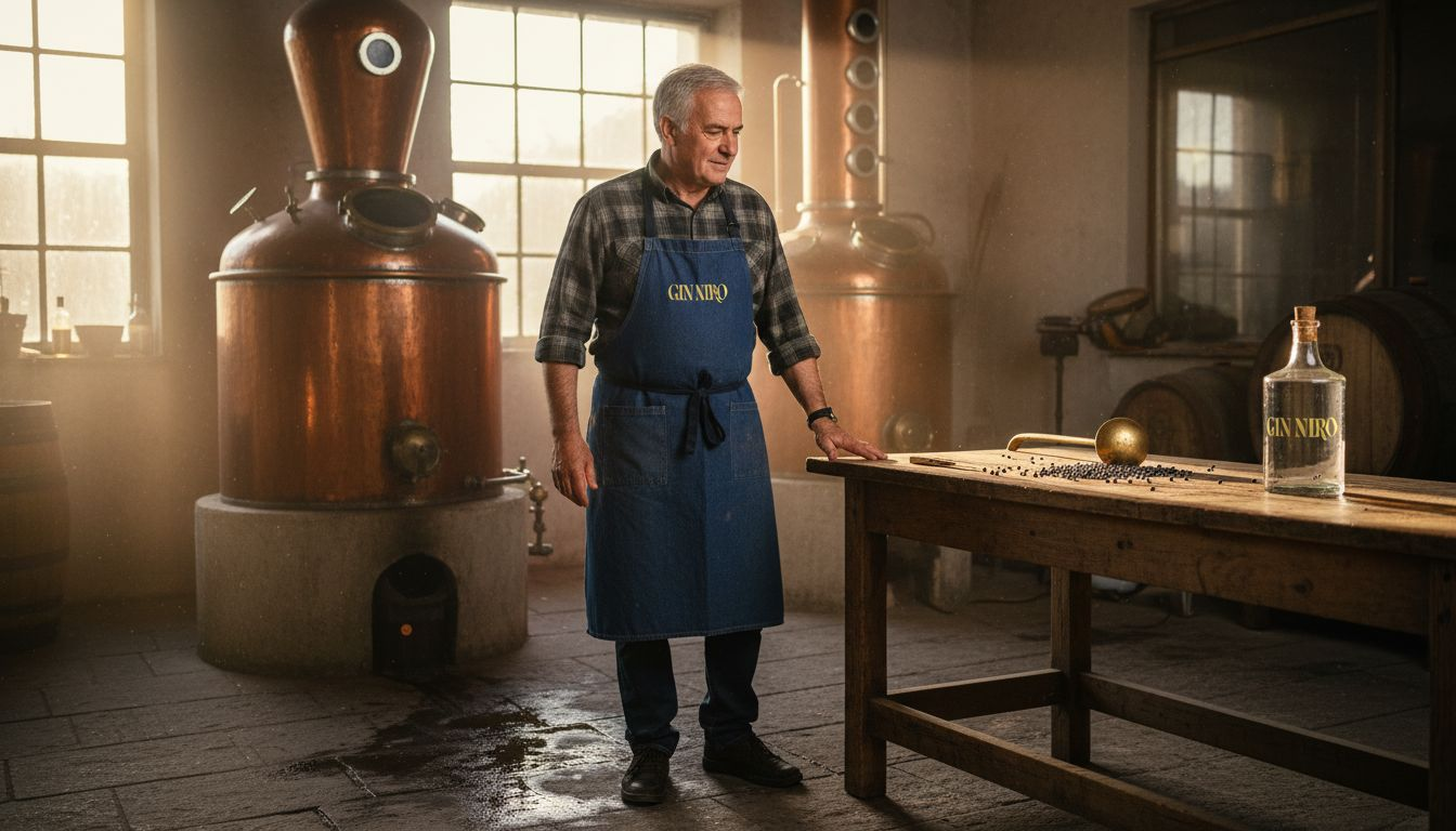 Mastro distillatore all’opera accanto all’alambicco in rame, immerso nell’atmosfera autentica di una distilleria rustica.