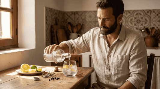 Un uomo versa del gin siciliano in una cucina dal sapore rustico.