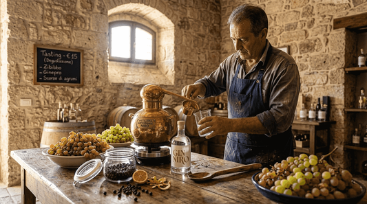 Un mastro distillatore siciliano versa il gin accanto all’alambicco, immerso nei profumi e nelle tradizioni della sua terra.