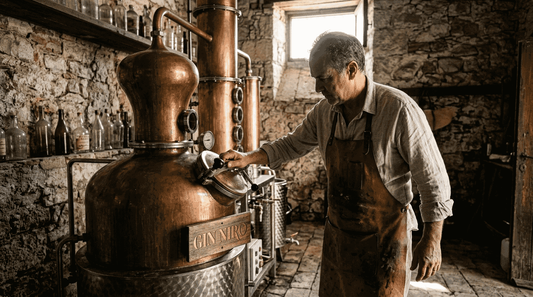Maestro distillatore all’opera con l’alambicco in rame