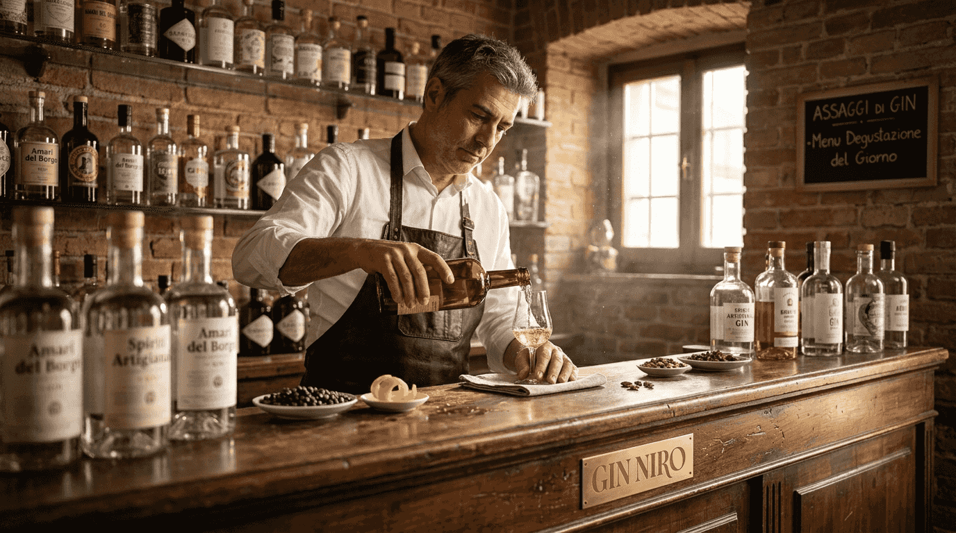Un bartender assapora il gin circondato da profumate botaniche fresche.
