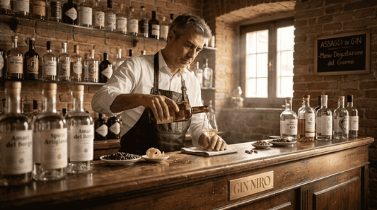 Un bartender assapora il gin circondato da profumate botaniche fresche.
