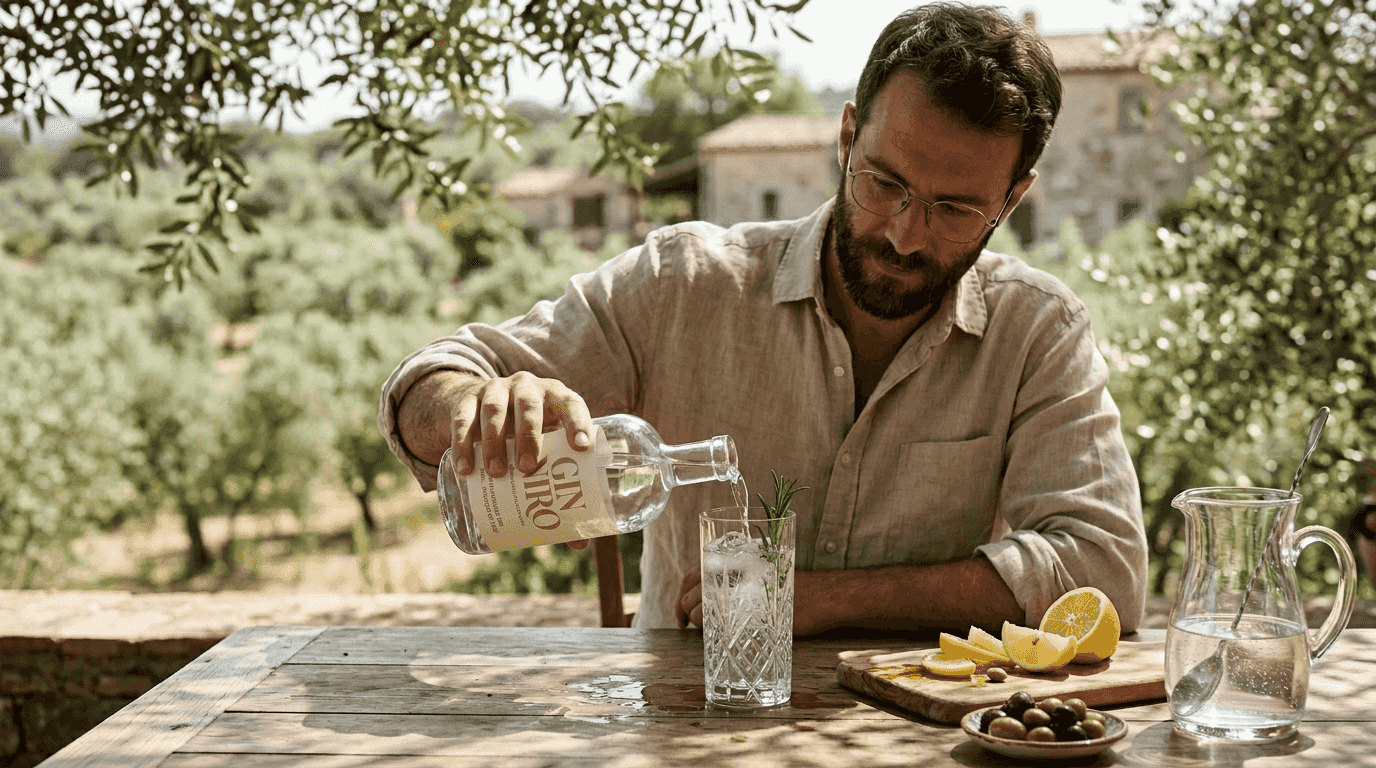 Un uomo versa del gin su un tavolo rustico dal sapore mediterraneo.