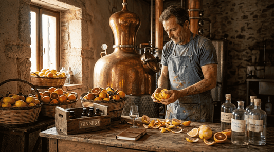 Maestro distillatore alle prese con la selezione degli agrumi in una distilleria di gin in Sicilia