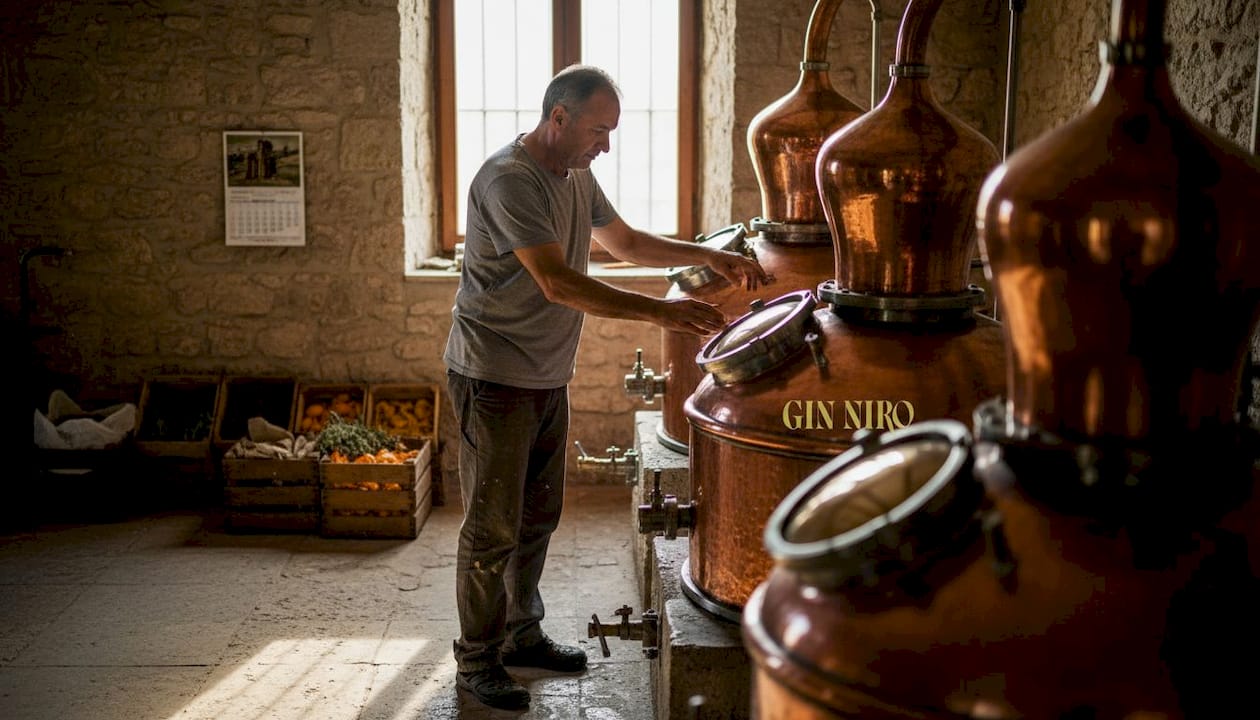 Un mastro distillatore supervisiona gli alambicchi nella distilleria, assicurandosi che tutto proceda alla perfezione.