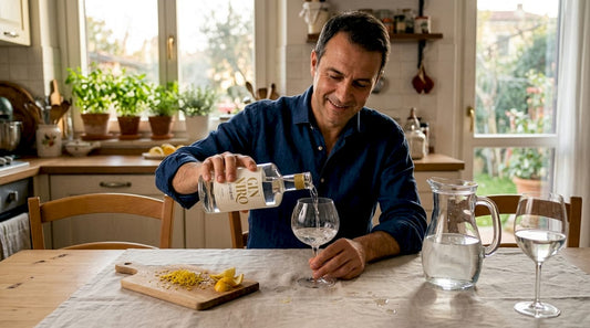 Un uomo rovescia del gin Zibibbo sul tavolo della sala da pranzo.