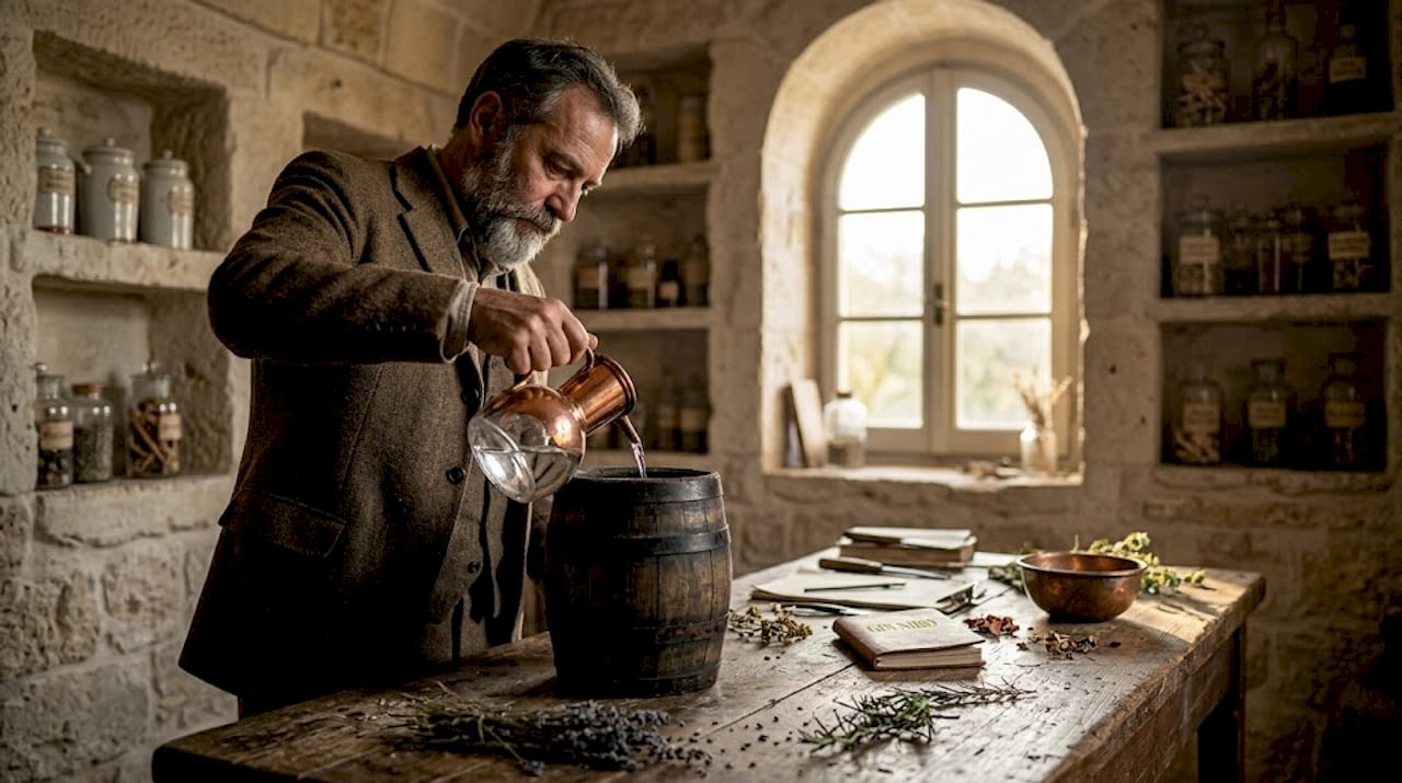 Un distillatore del Medioevo all’opera con un antico alambicco