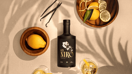 bottiglia di Gin Niro Zibibbo 70cl circondata da agrumi freschi