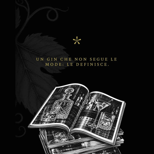 Grafica GIN NIRO su fondo nero con foglia di vite in filigrana, claim in oro e illustrazione a tratto di un manuale di cocktail aperto con decanter e bicchieri