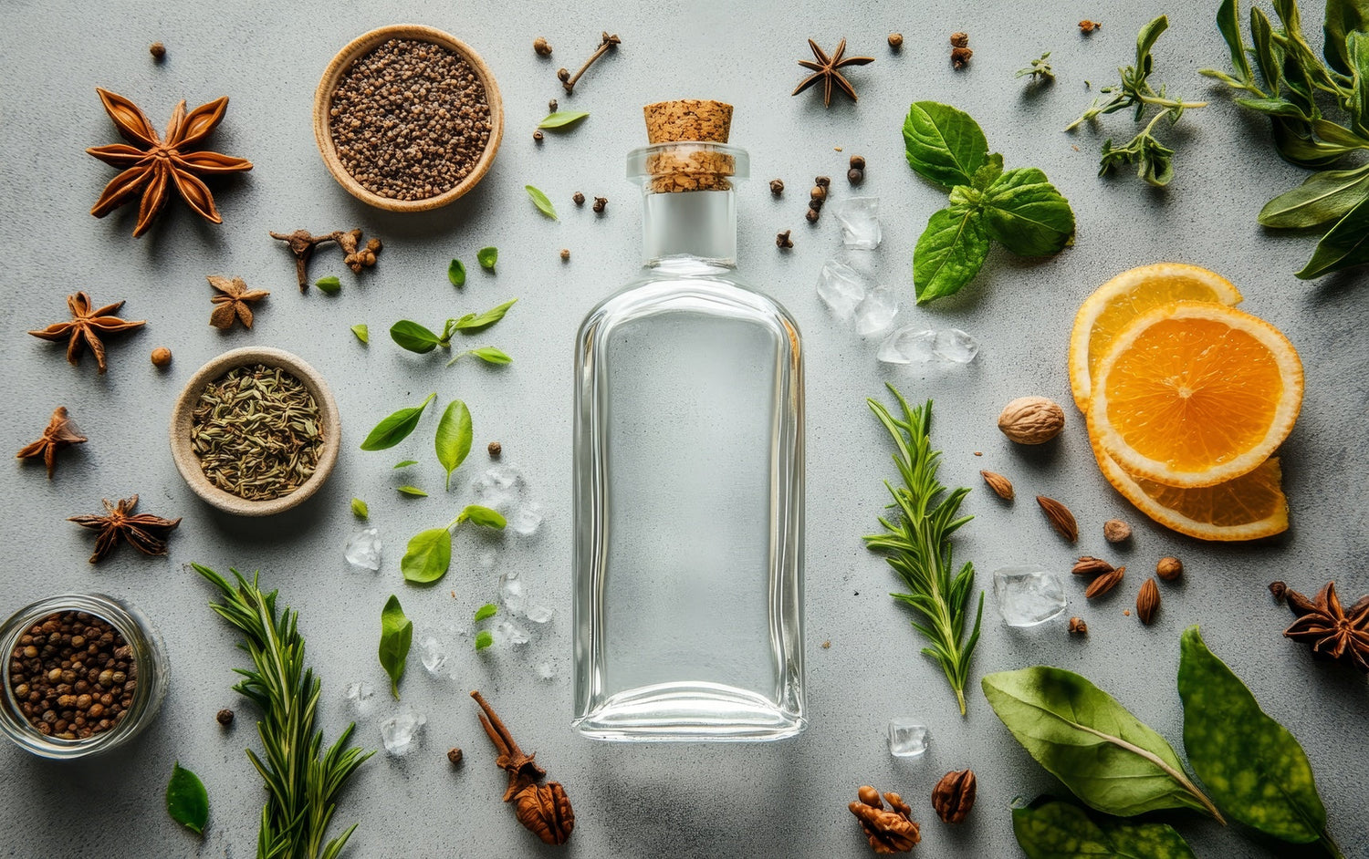 Bottiglia di gin trasparente circondata dalle botaniche che la distinguono dalla vodka: ginepro, rosmarino, arancia, anice stellato e spezie