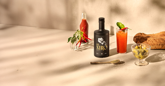 Cocktail Nerone (bloody mary mediterraneo) con peperoncino e olive accanto alla bottiglia GIN NIRO