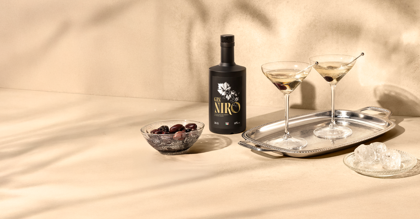 Due Nironi Martini in coppette su vassoio d'argento accanto alla bottiglia GIN NIRO